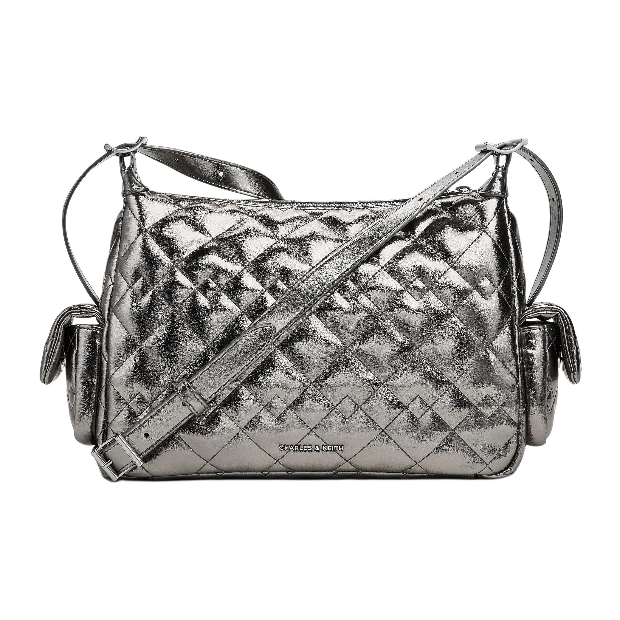 CHARLES KEITH ПУ (полиуретан) Сумка через плечо Сумка на плечо Средняя Женская Черный Молочно-белый Олово-серый