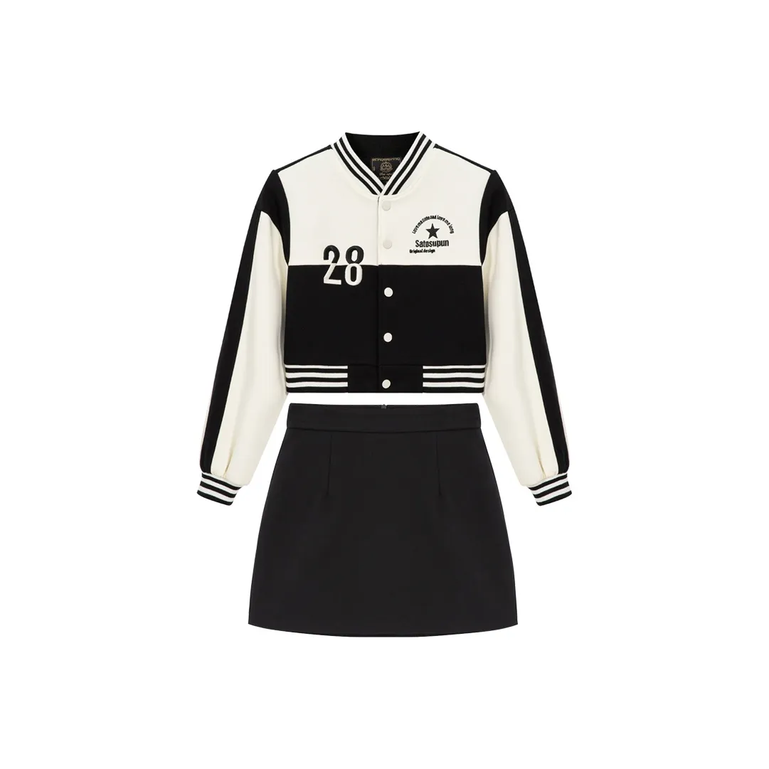 Sato Supun Черный Белый Укороченный Бейсбольная куртка + Юбка-бодикон Женская Униформа