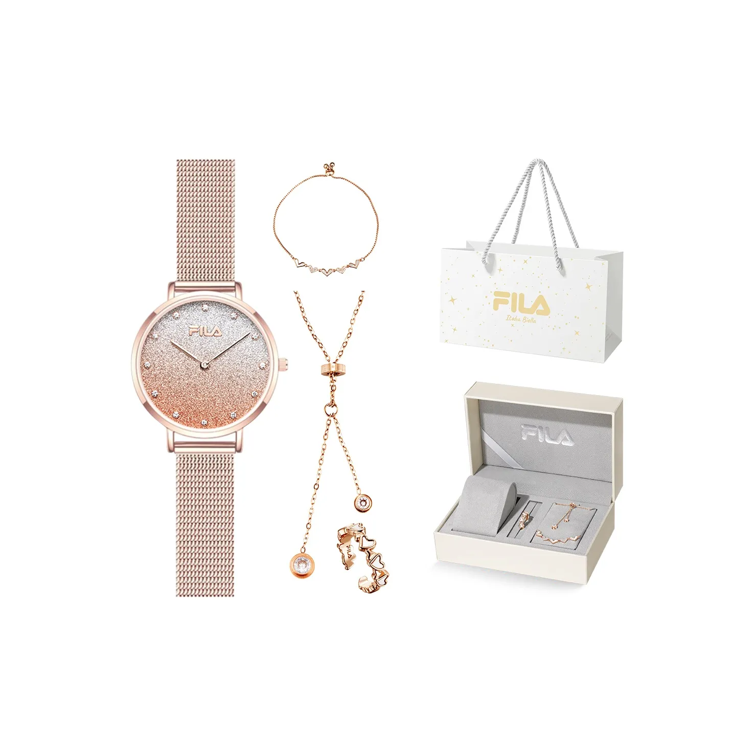 FILA Женские часы Кварцевый механизм Ремешок из нержавеющей стали Золотой циферблат Часы Любовь с первого взгляда Романтическая коробка