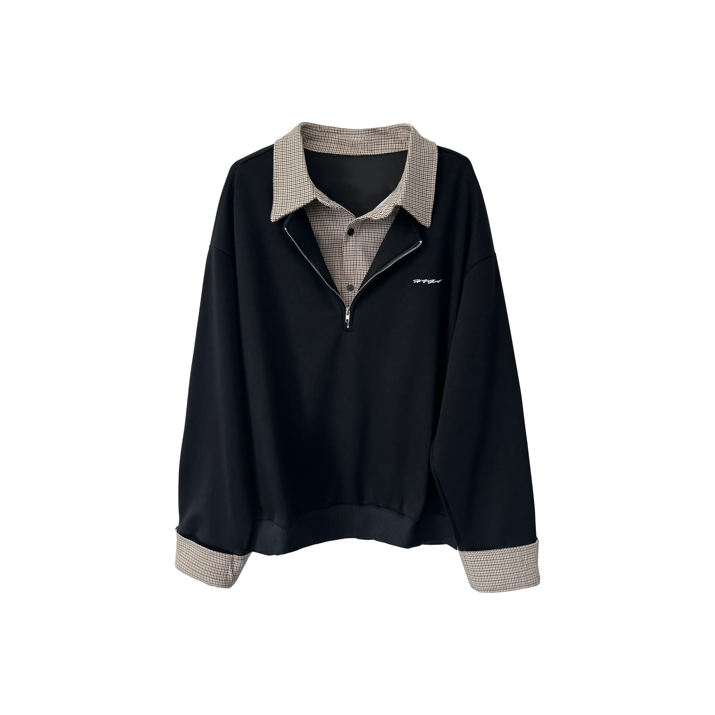 H.V.G.A Черная поло с узором "гусиная лапка" и пэчворком унисекс