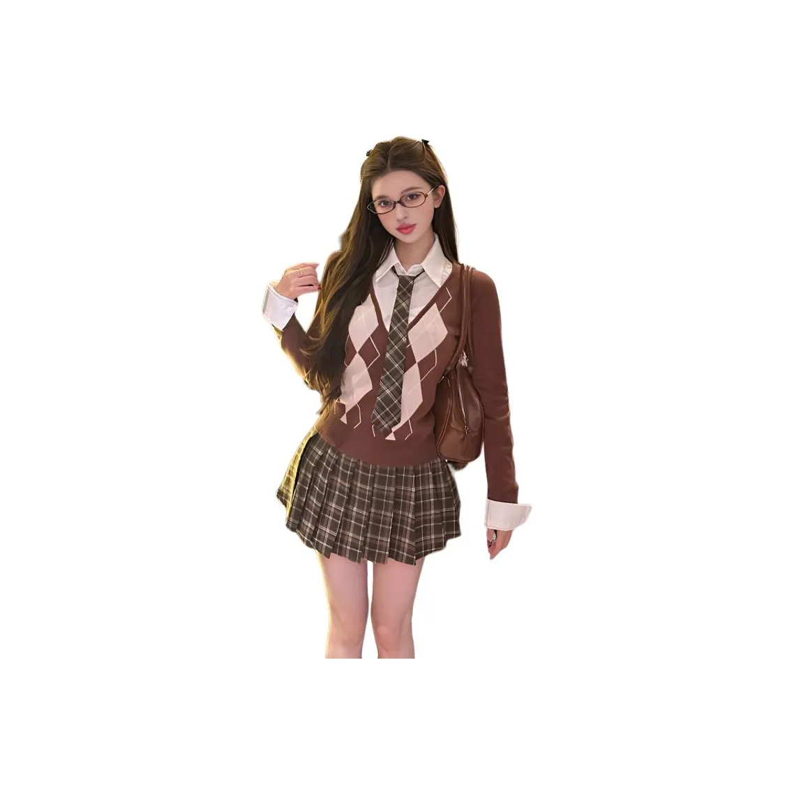 PZHK Кофе Mock Двухкомпонентный Комплект Топ + Клетчатая Юбка с Плиссировкой + Галстук Женские Юбочные Комплекты