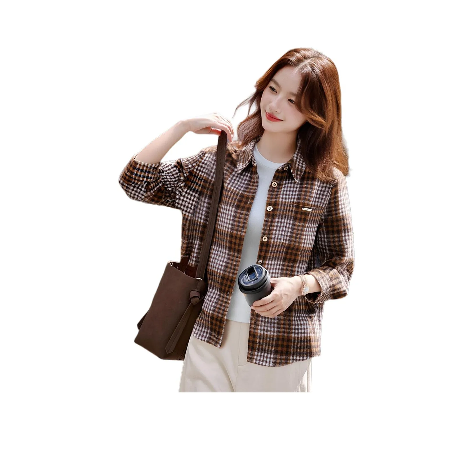 SHANGJING Кофейная клетка Женские рубашки