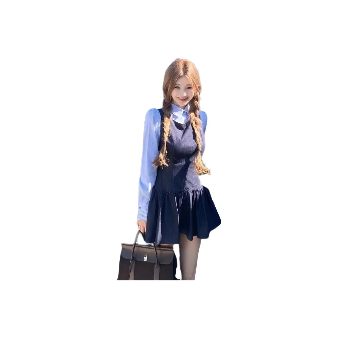 Dippanis Темно-синий Сарафан + Полосатая Рубашка Женские Комплекты с Юбкой