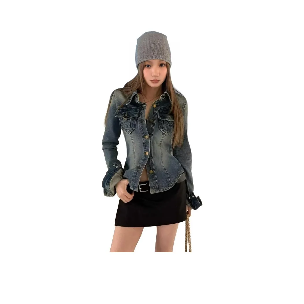 AHRTB Винтажный синий деним короткий пальто женские куртки