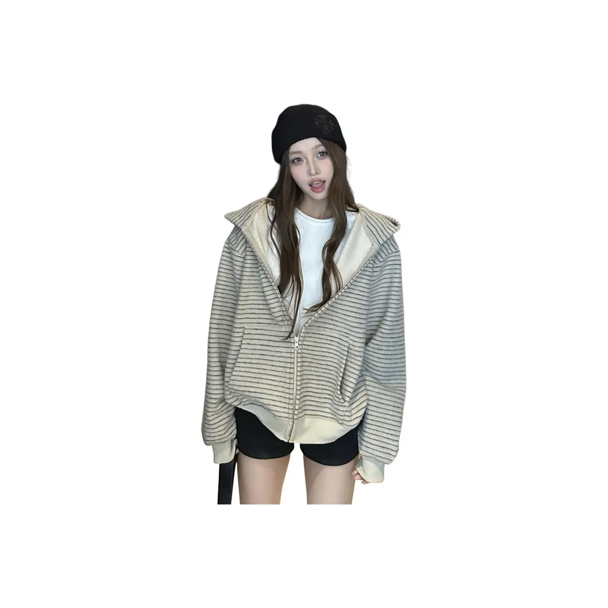 PZHK Полосы Zippers Пальто Женские Свитшоты
