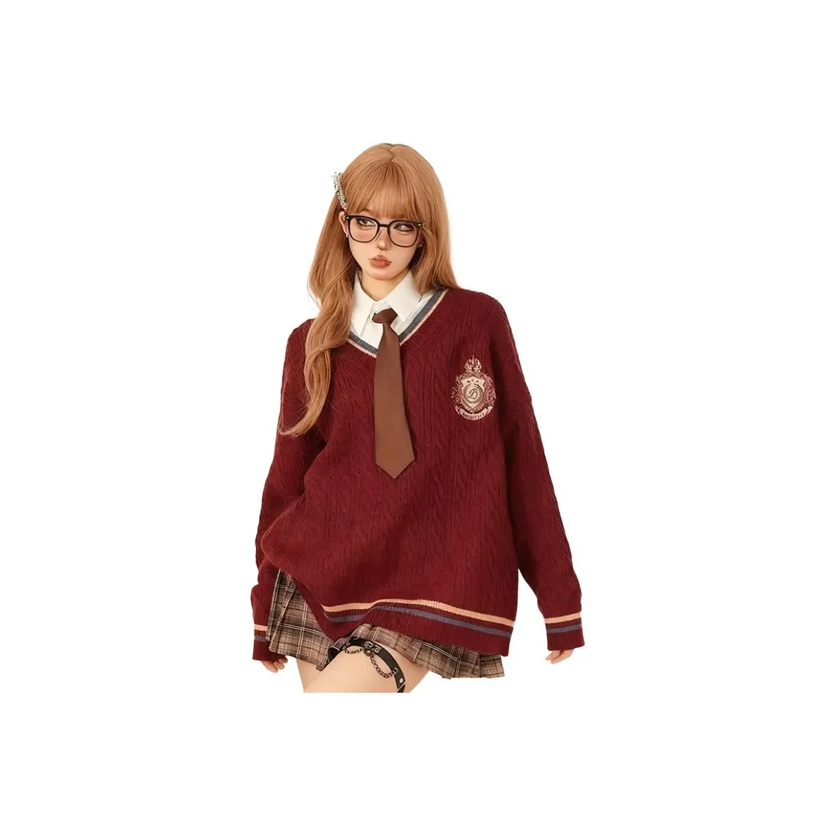 PZHK Красный Свитер + Рубашка + Кофейная Клетка с Плиссированной Юбкой Женские Комплекты с Юбкой