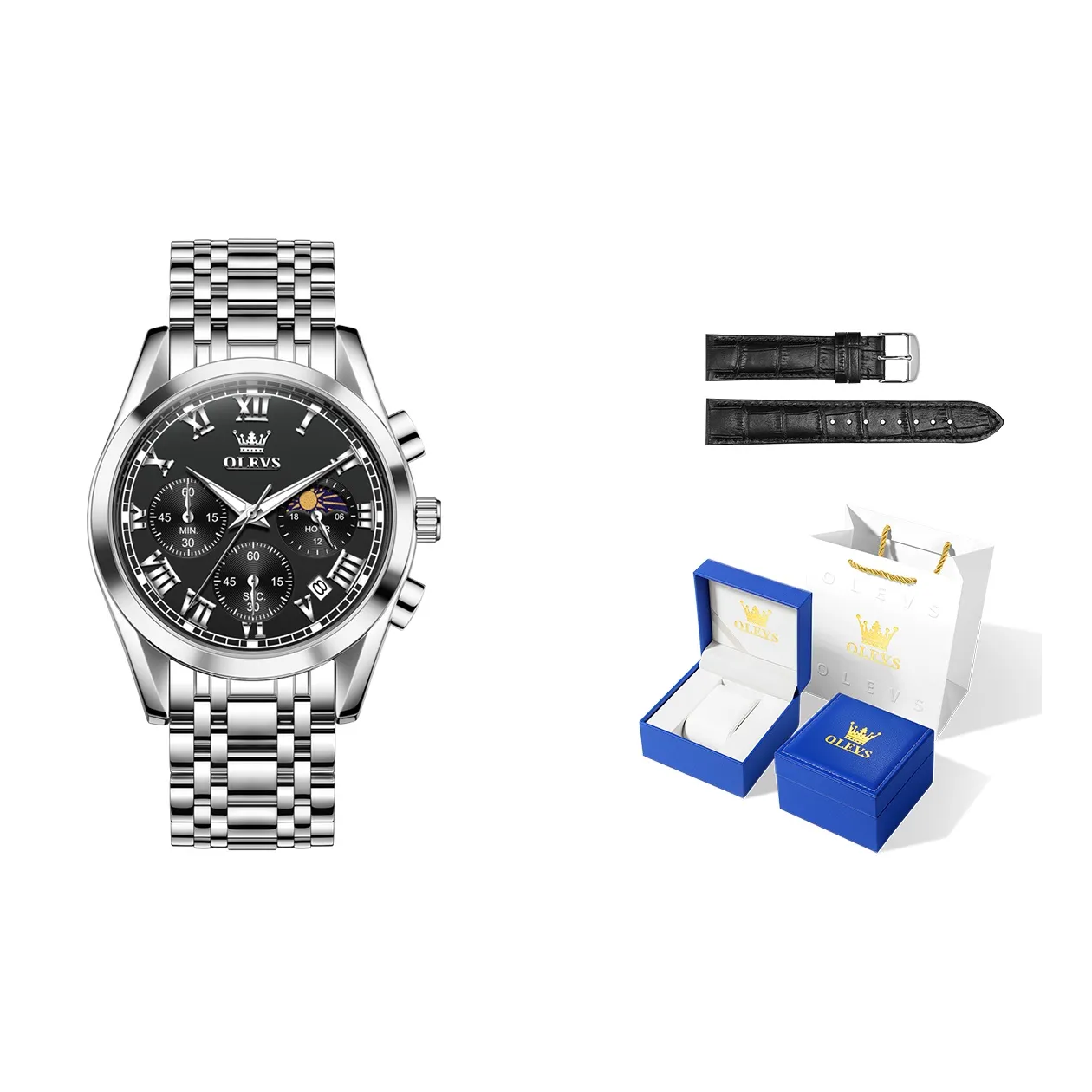 OLEVS Кварцевый механизм ремешок из нержавеющей стали мужские часы черный циферблат