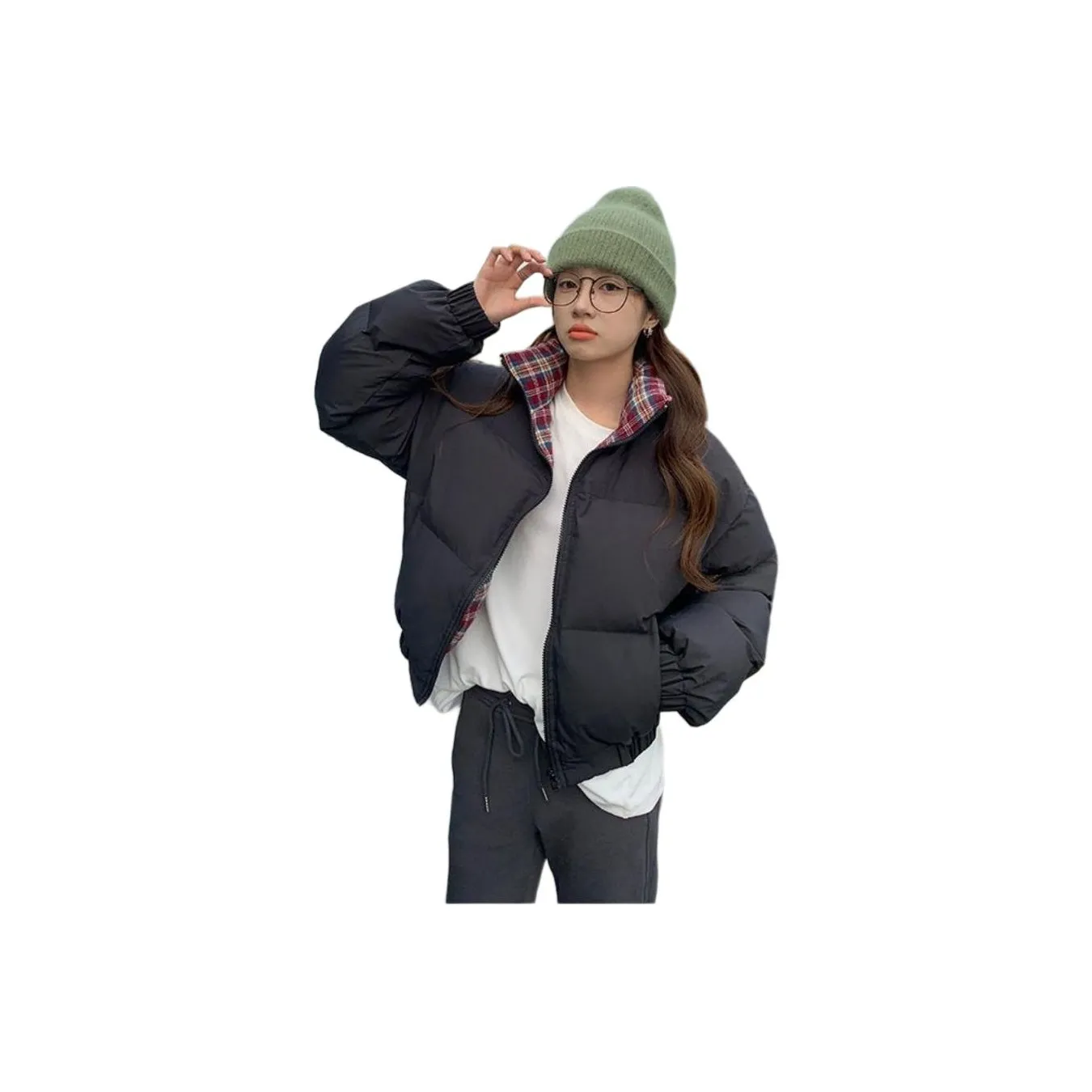 GIUHF Черный Красный Клетка Женские Пуховики