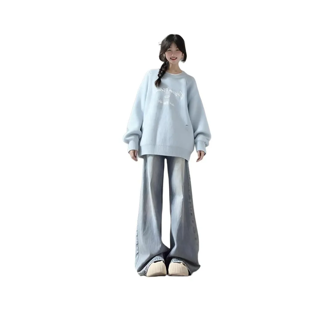 PZHK Синий Свитер + Светло-Синие Джинсы Женские Повседневные Костюмы