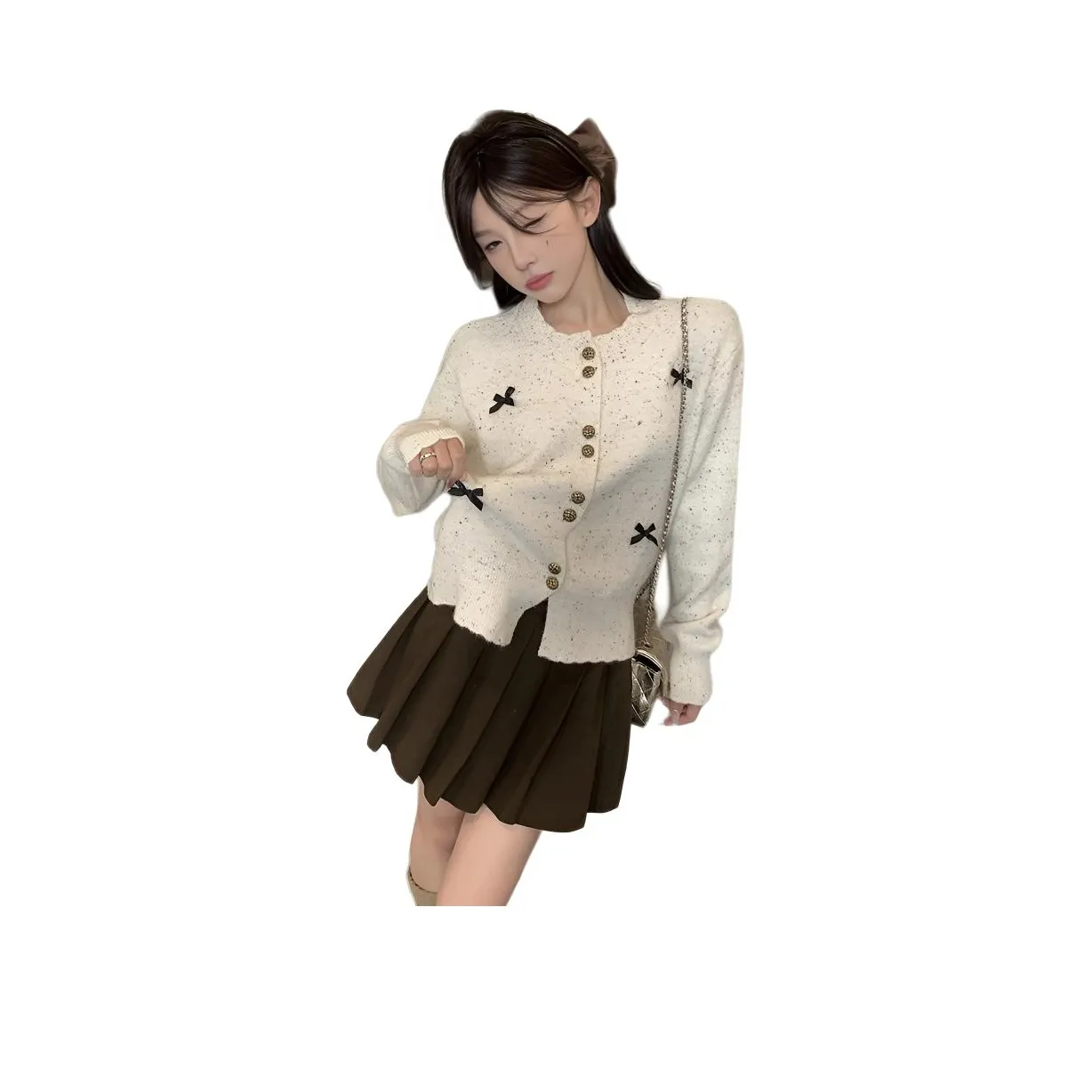 PZHK Трикотажная ткань Кардиган + Кофе Плиссированная юбка [Комплекты одежды] Женские Юбочные Комплекты