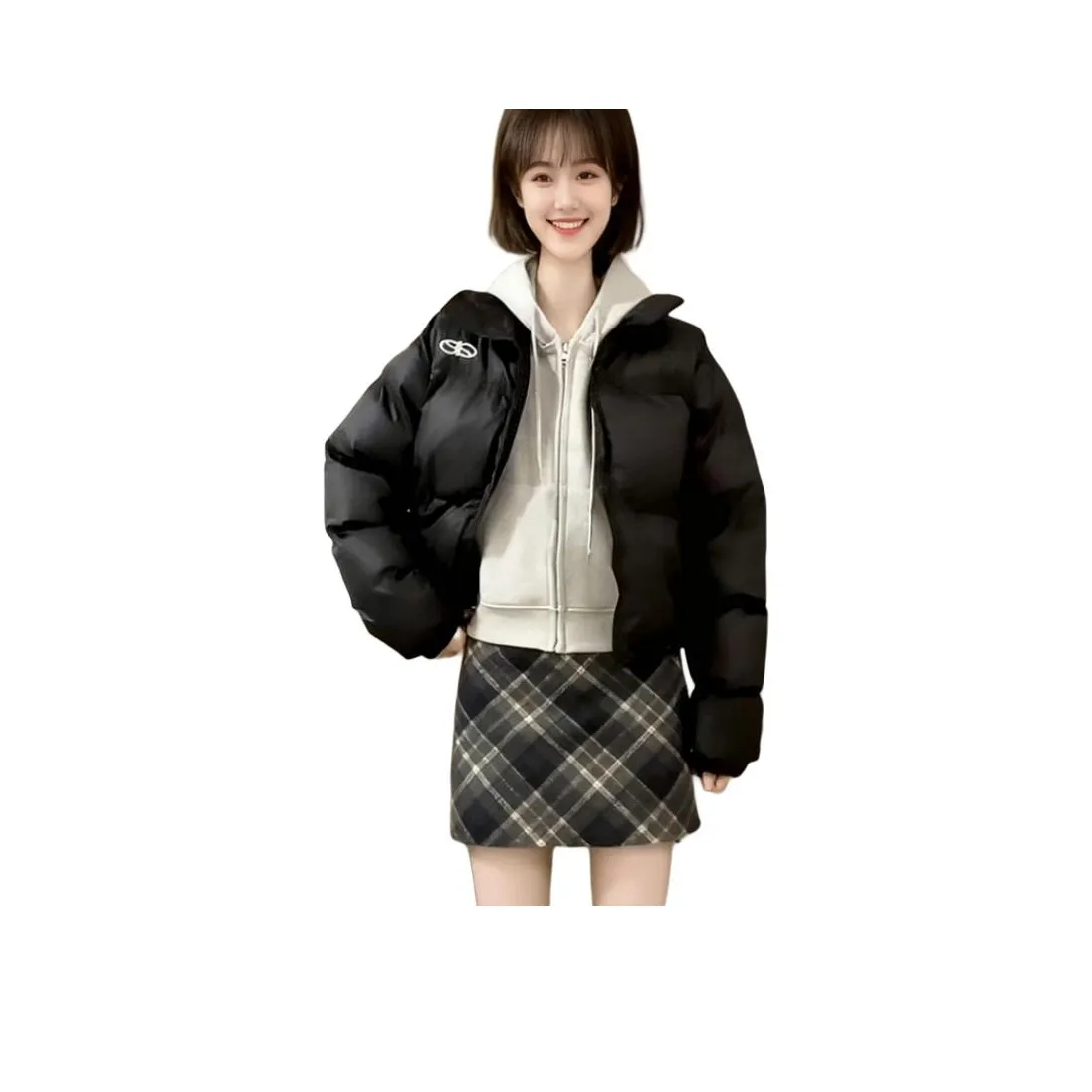 PZHK Черное пальто + Черная клетчатая короткая юбка Женские комплекты с юбкой