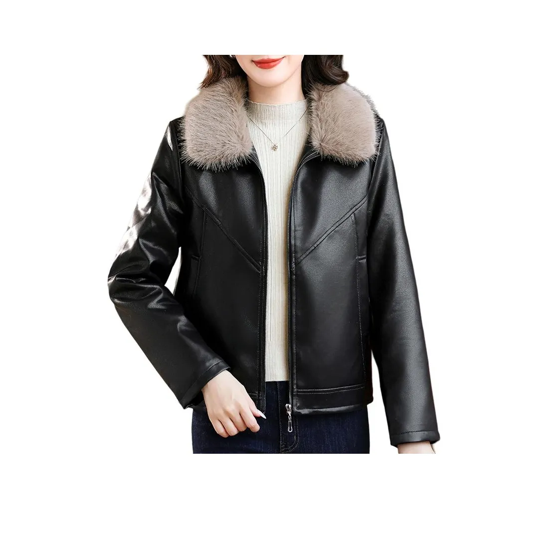 The Temptation Of The Muse Меховой воротник Кожа Куртка Женские