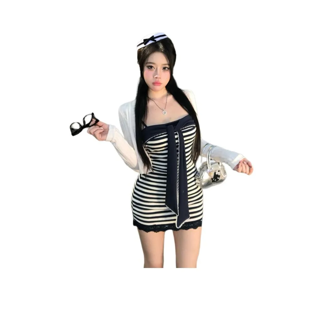 PZHK Белый Кардиган + Полосатый Платье-камзол Женские Комплекты с Юбкой