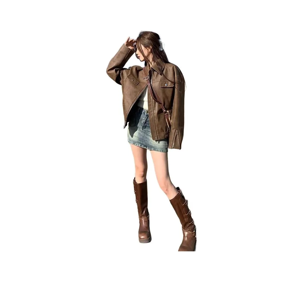 Mu Qingqing Кожа Куртка Женская