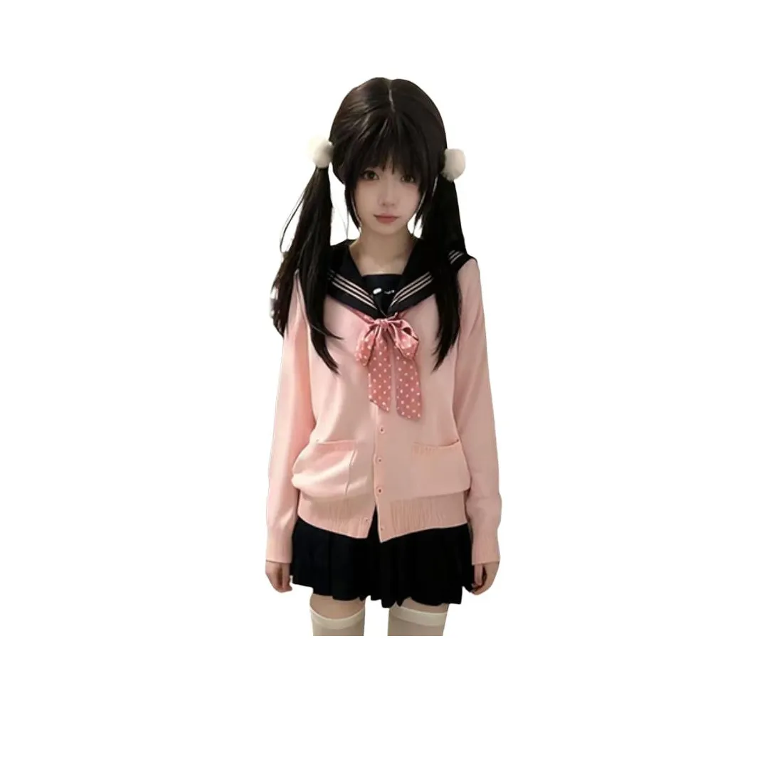 PZHK Розовый кардиган + Черная короткая юбка + Розовый с точкой галстуки-бабочки Женские комплекты с юбкой