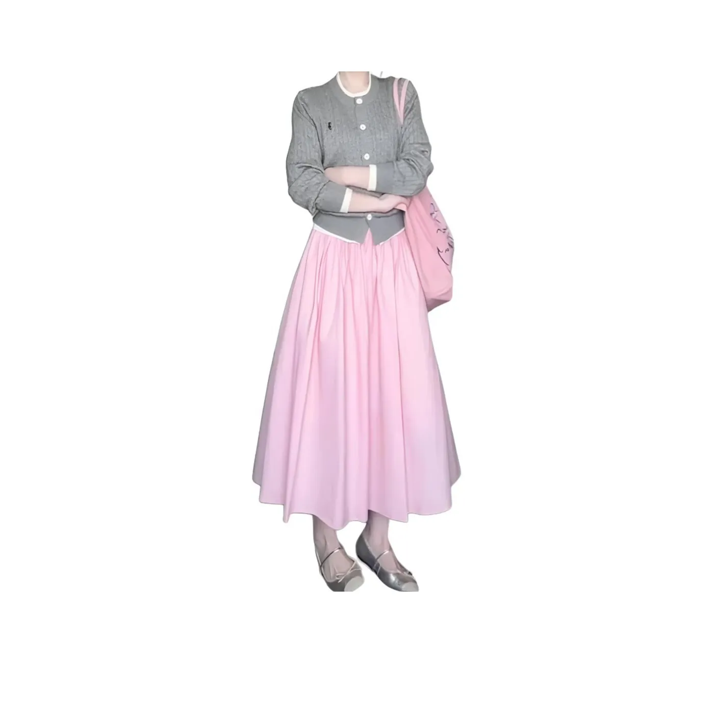 PZHK Серый кардиган + Розовая юбка Женские комплекты с юбкой