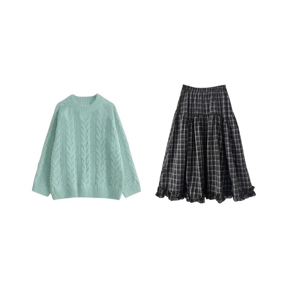 DEDY Зеленый Топ + Клетчатая Юбка Женские Юбочные Комплекты