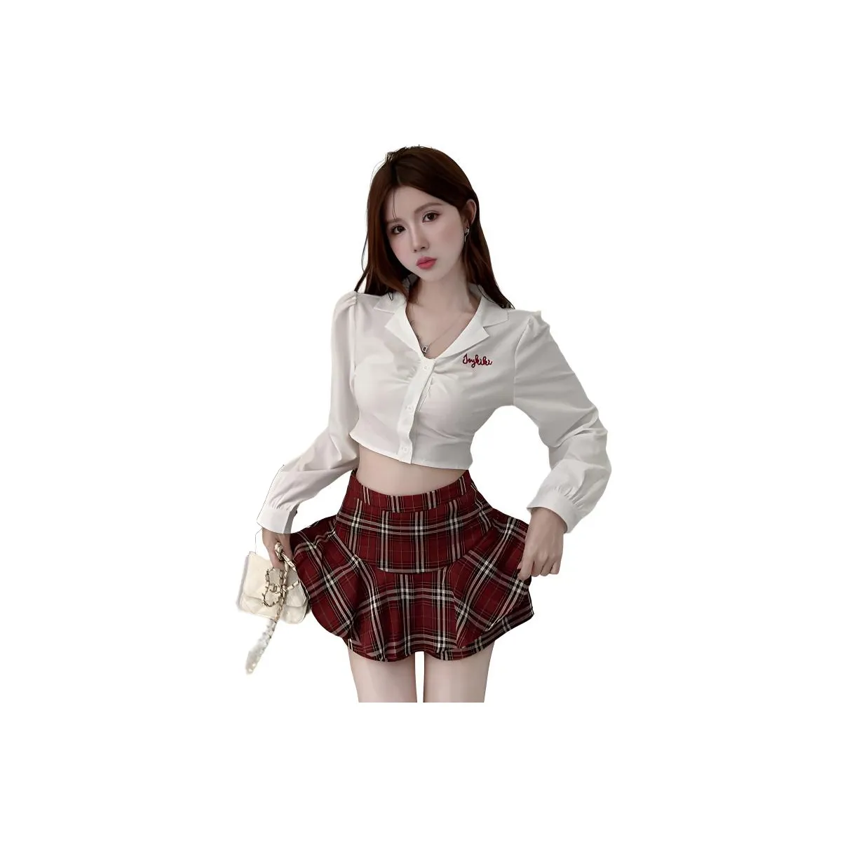 Garbege Белый топ + Красный в клетку Комплект с юбкой Женская Униформа