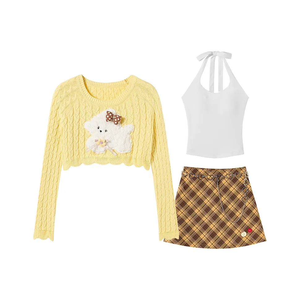 FABRIC PIG Желтый Свитер+Майка+Короткая Юбка+Цепочка Женские Юбочные Комплекты
