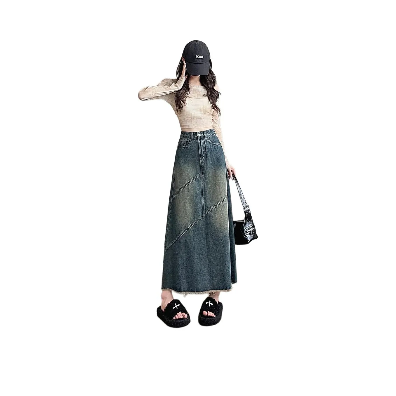 Винтажные синие женские джинсовые длинные юбки