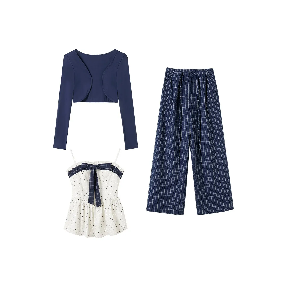 FABRIC PIG Белый Топ на бретелях + Темно-синий Кардиган + Темно-синие Брюки Женские Повседневные Костюмы