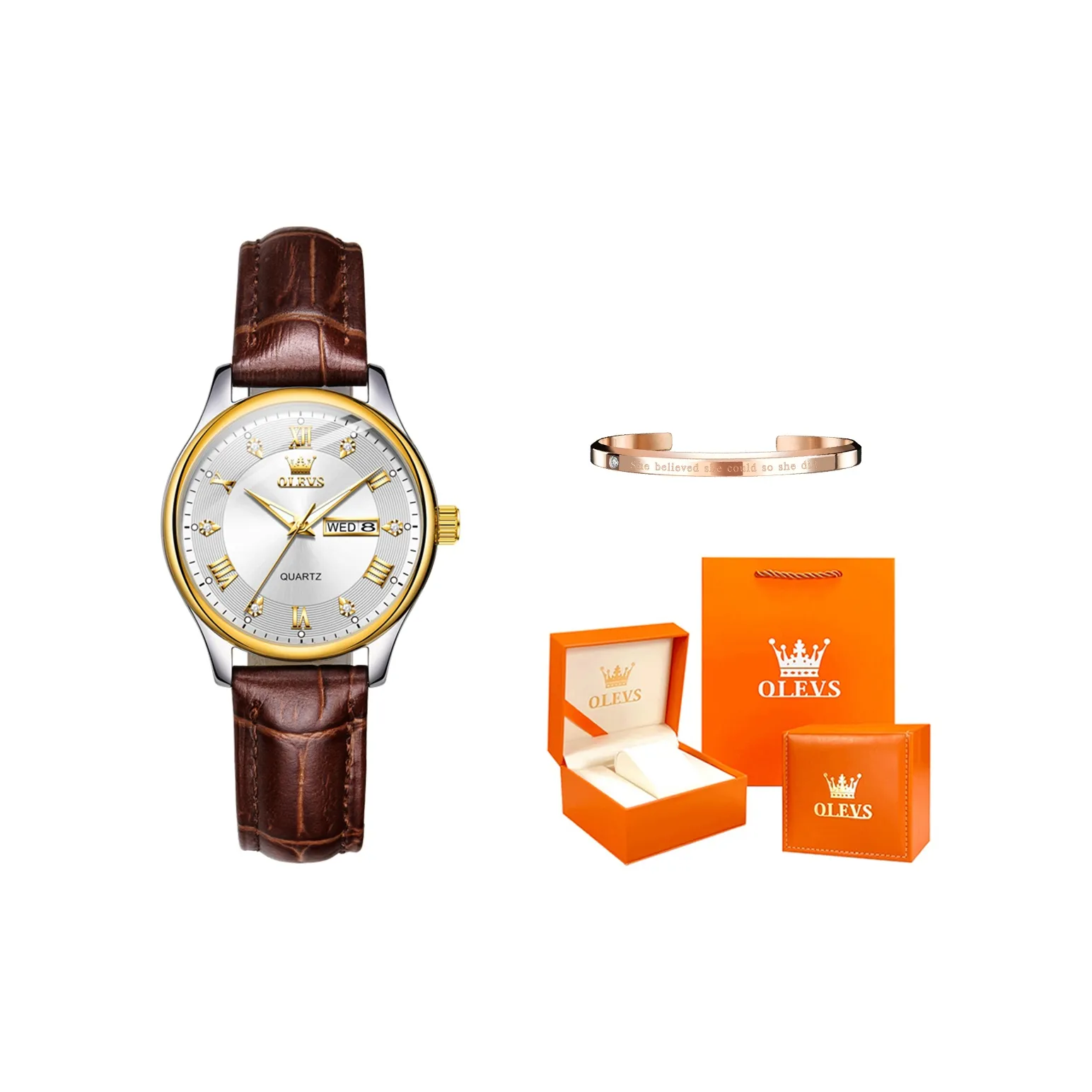 OLEVS Кварцевый механизм кожаный ремешок женские часы белый циферблат