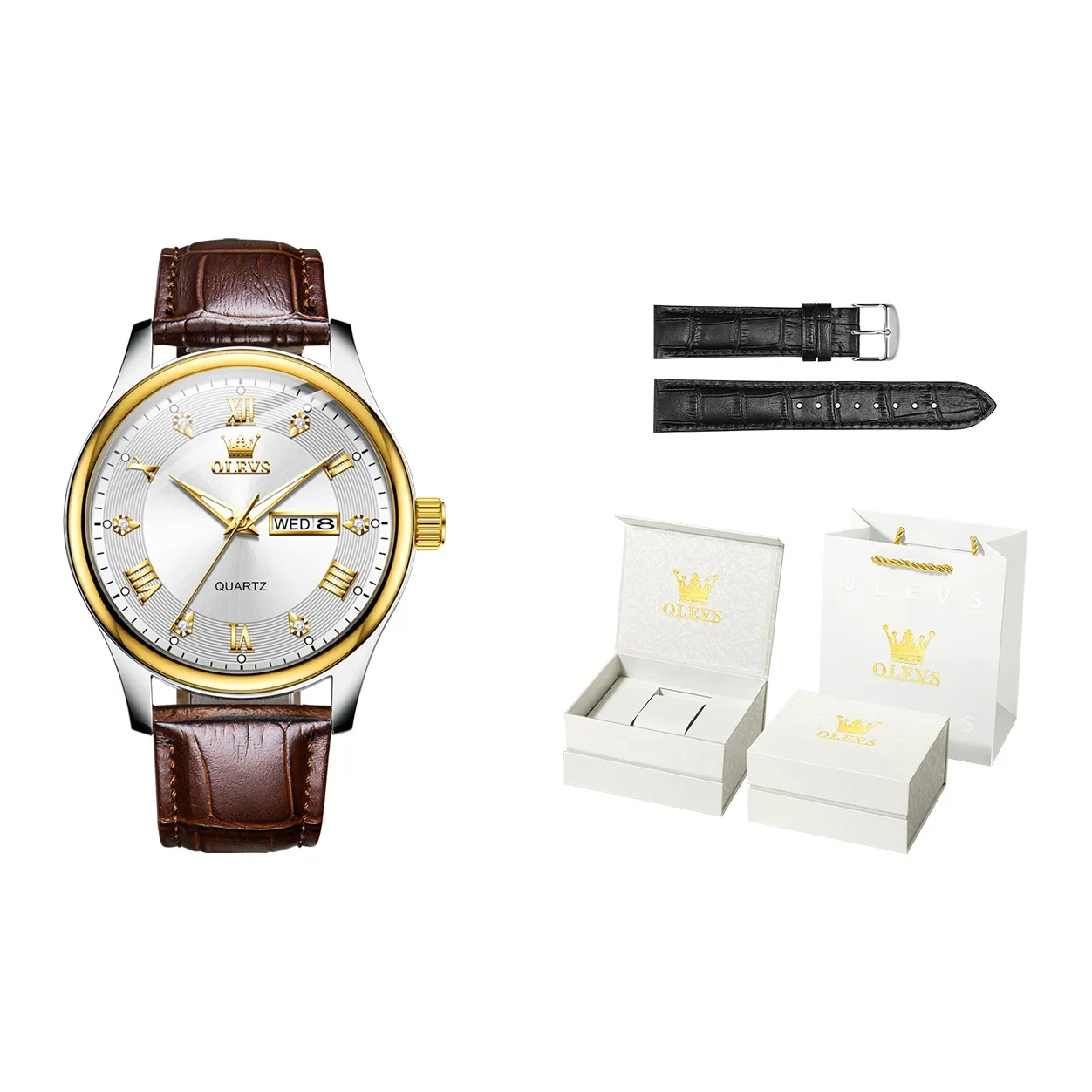 OLEVS Wisdom Series Кварцевый механизм Кожаный ремешок Часы Мужские Белый циферблат