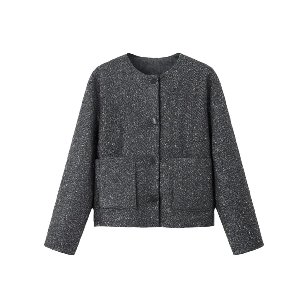 LUYOUYE Черный Белый Елочка Шерстяное Пальто Женское Короткое Пальто