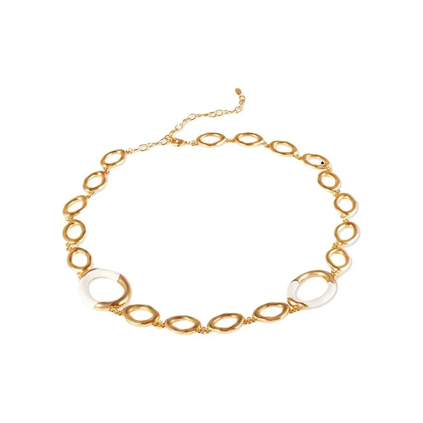 Retro Chic 18К золото покрытие Латунь с Белой эмалью Рябь Круглый Ожерелье Унисекс