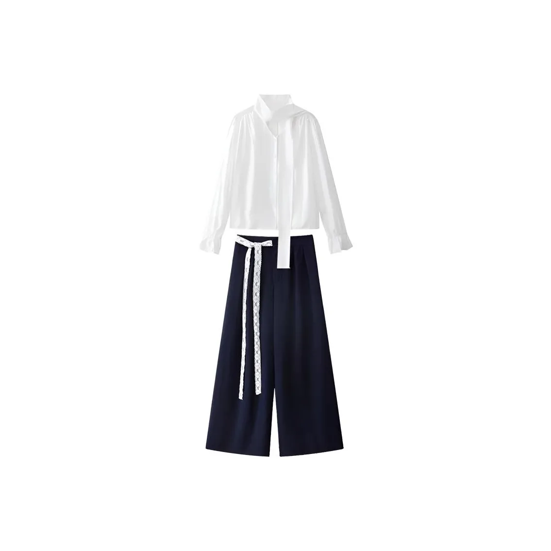 PZHK Экрю Рубашка + Темно-синие Широкие Брюки Женские Повседневные Костюмы