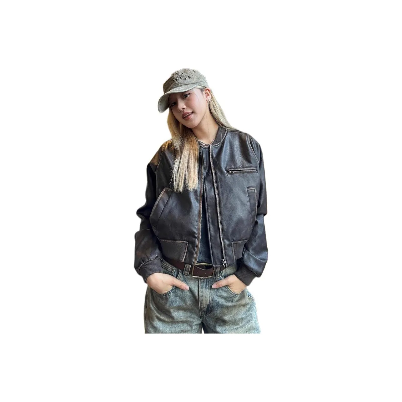 HKPXR Коричневый Женские Кожаные Куртки