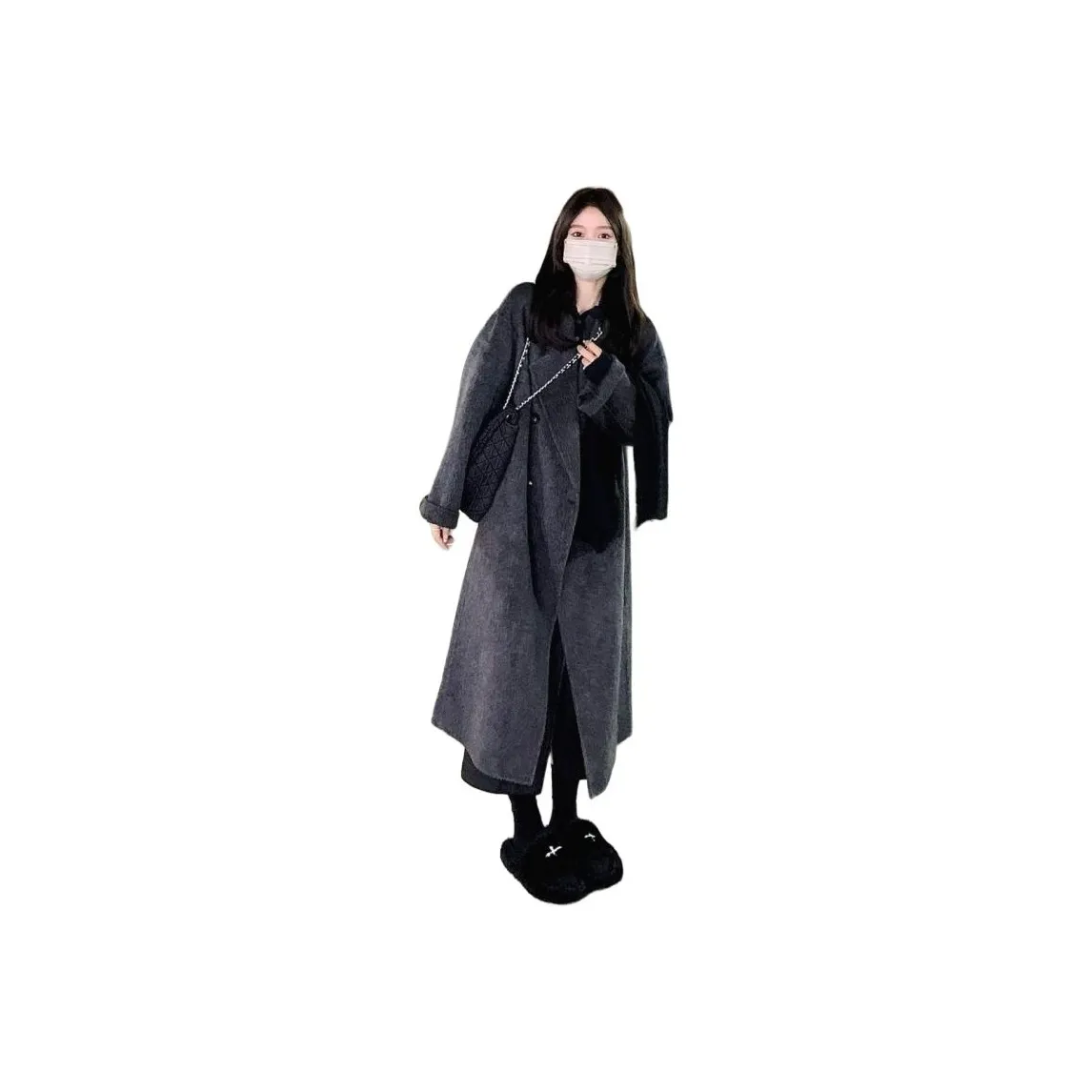 BONAS Темно-серый флисовый утепленный женский пальто