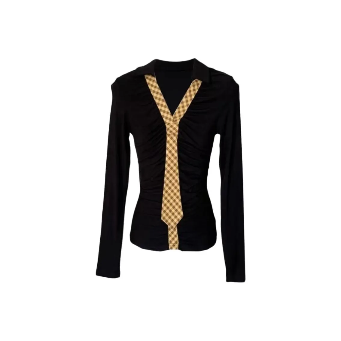 DANCANG Черный Желтый Клетка Женская T-Рубашка