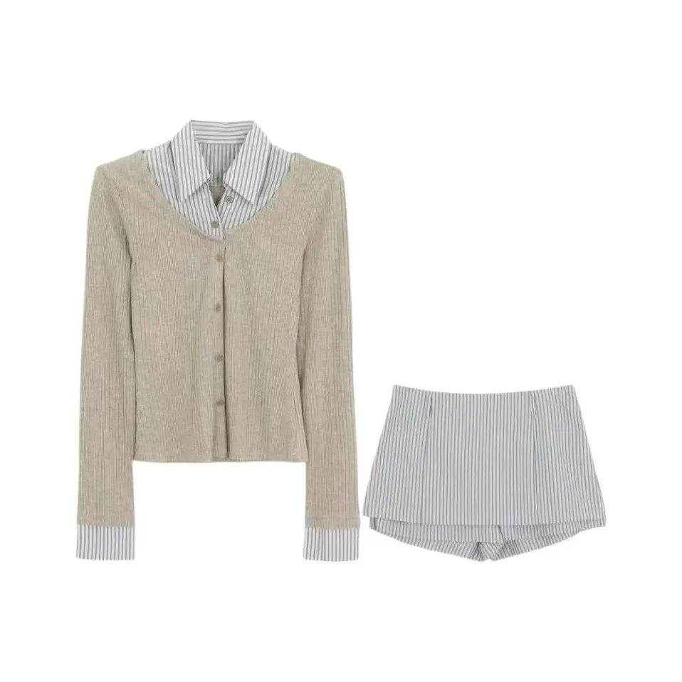 DANCANG Mock Двухкомпонентный Топ-рубашка Полосатые Шорты-юбка средней длины Женские Комплекты с юбкой