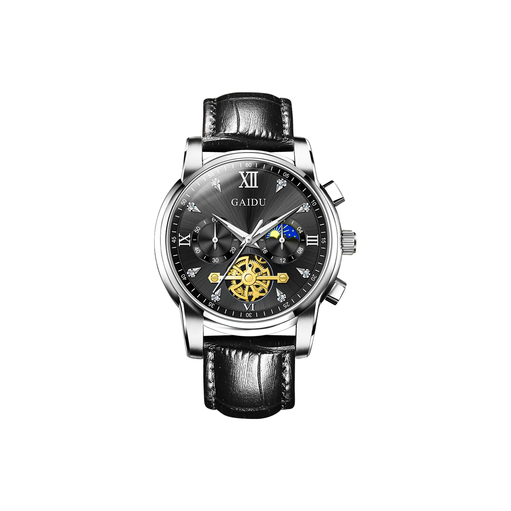 GAIDU Услуга создания поздравительных открыток Кварцевый механизм Естественная кожа Ремешок Часы Унисекс Черный циферблат