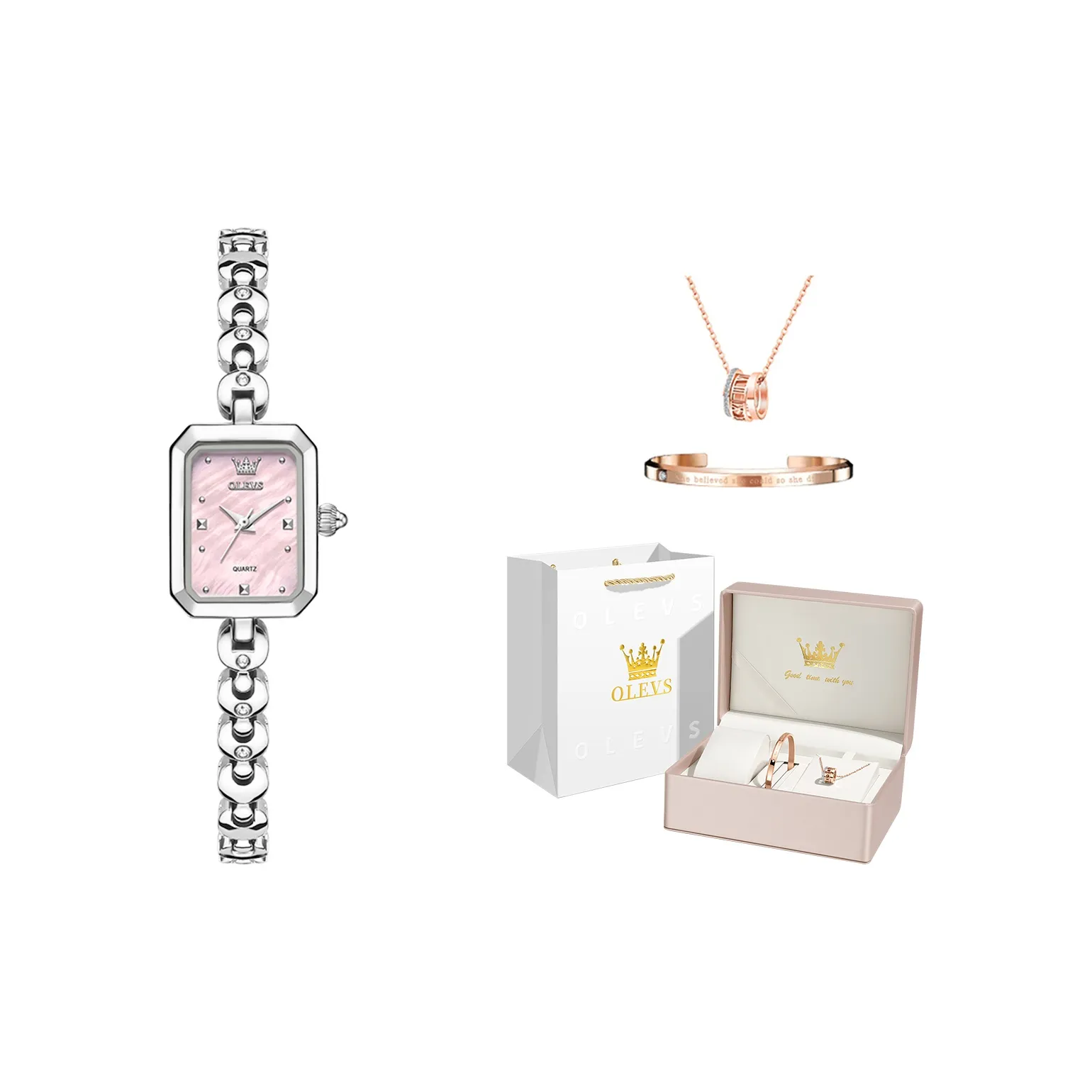 OLEVS Кварцевый механизм нержавеющая сталь ремешок часы женские розовый циферблат