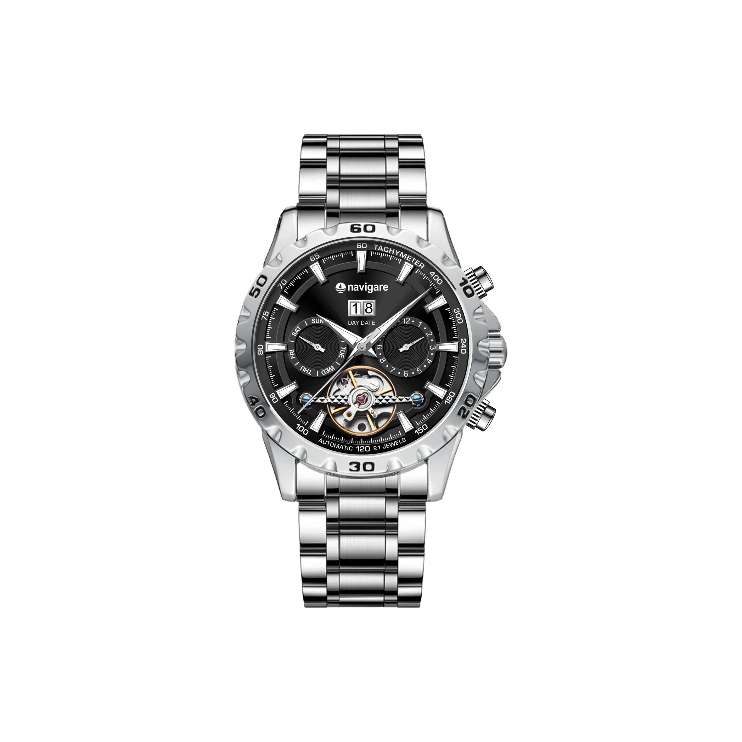 NAVIGARE Механический механизм ремешок из нержавеющей стали черный циферблат мужские часы