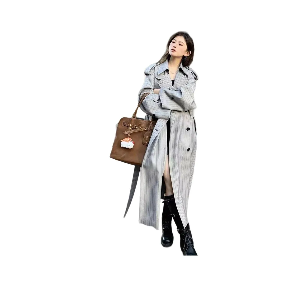 LANGQING Высокое качество Серый Полосатый Тренч [с подкладкой] Унисекс Тренч