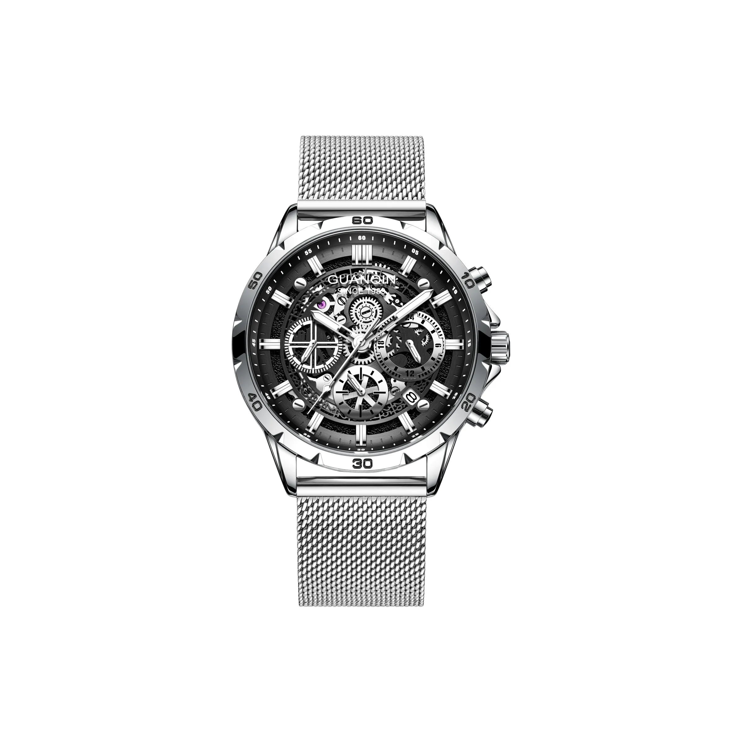 GUANQIN Кварцевый механизм ремешок из нержавеющей стали мужские часы циферблат с открытым механизмом