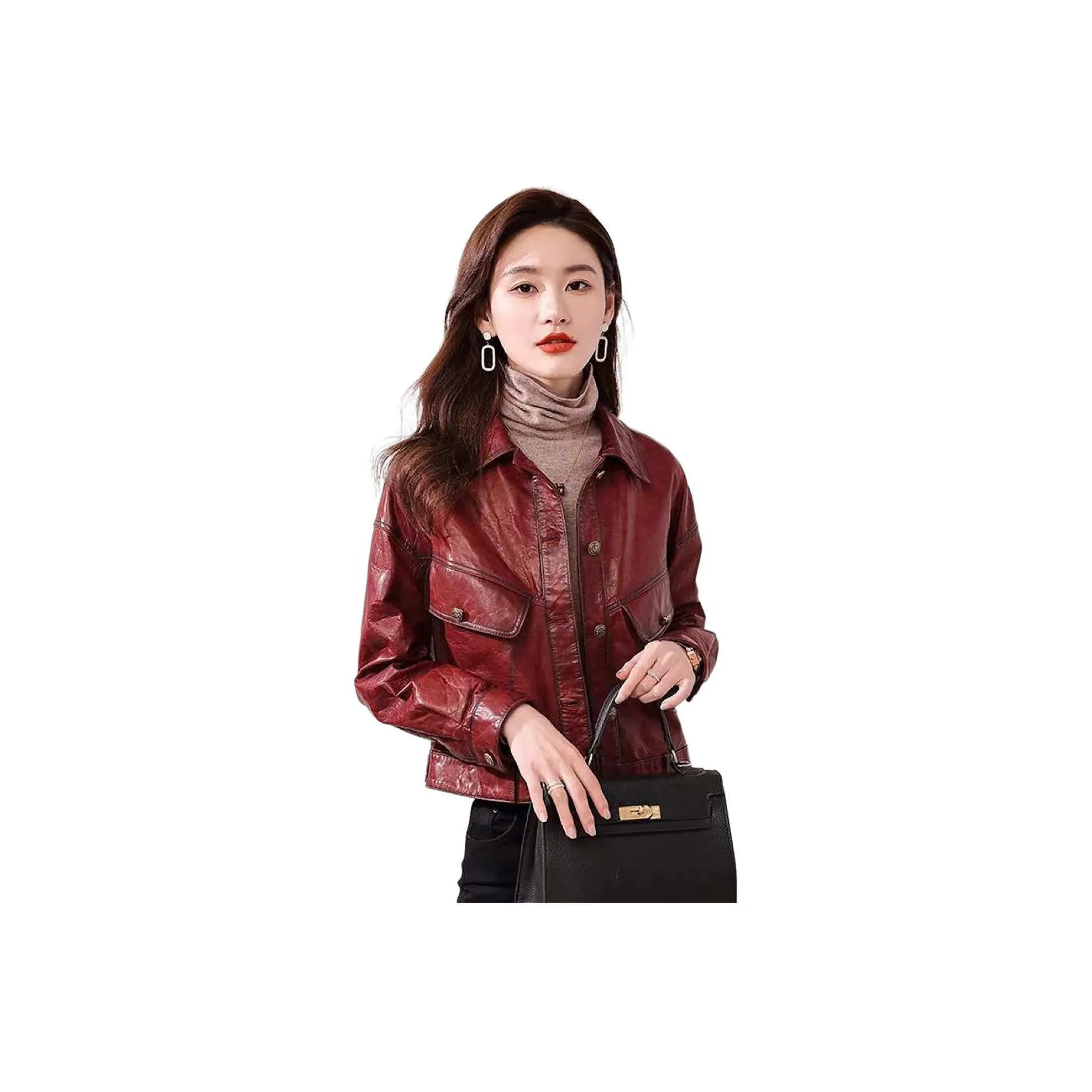 Devanro Женские кожаные куртки бордового цвета