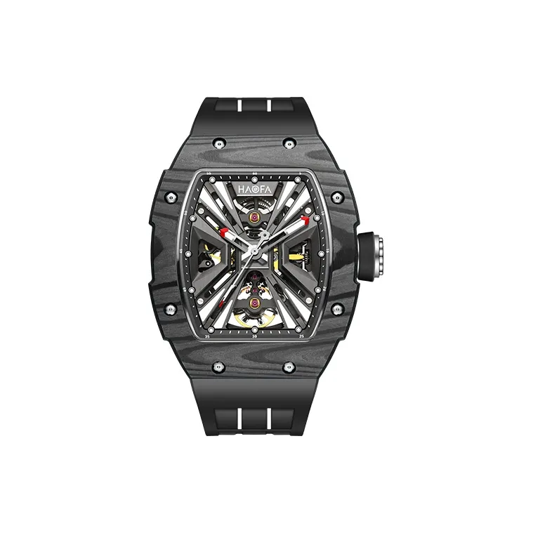 HaofaTourbillon 1929 Механический механизм Резиновый ремешок Мужские часы Черепный циферблат