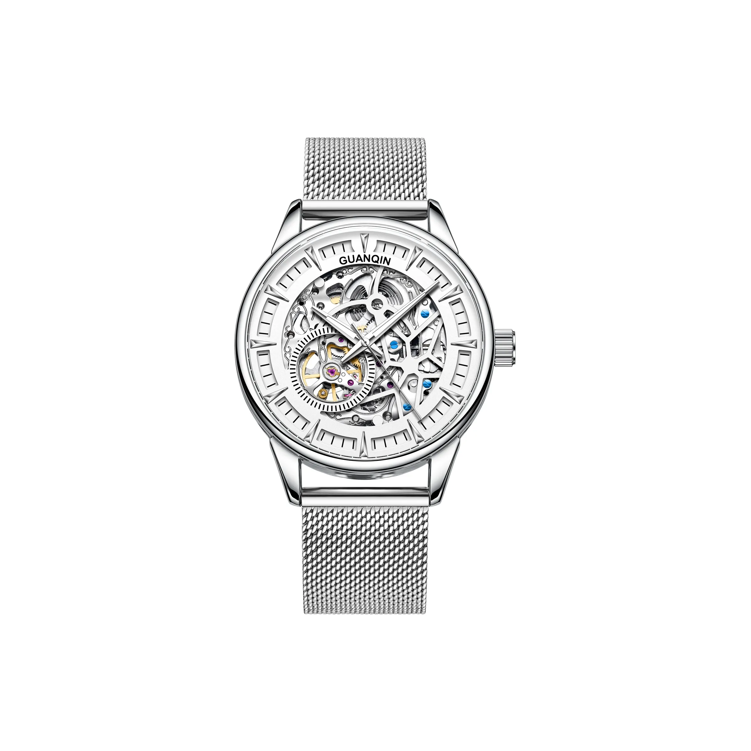GUANQIN Автоматический механический механизм ремешок из нержавеющей стали часы для мужчин циферблат с открытым механизмом