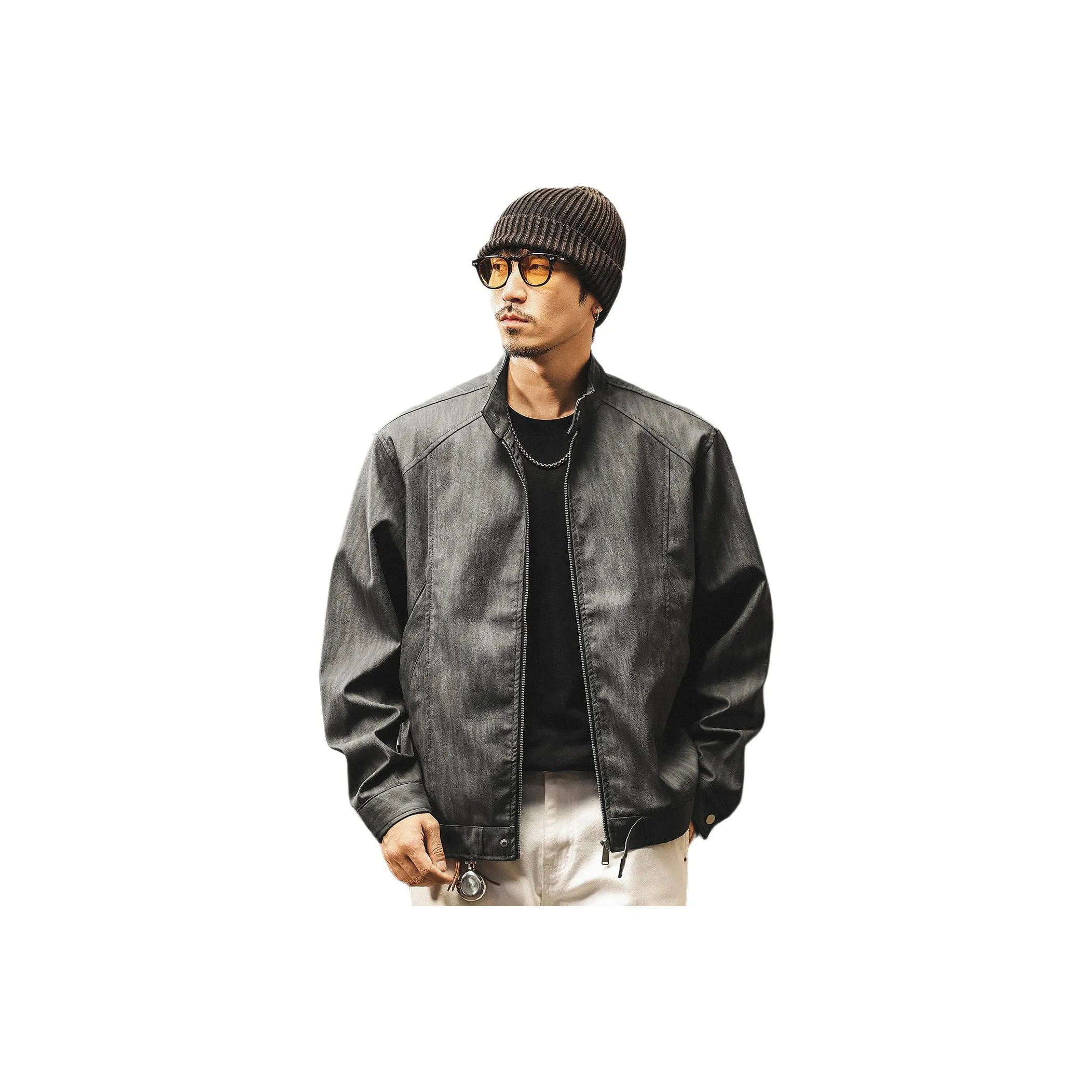 JIELEINUO Серый Мужская Кожаная Куртка