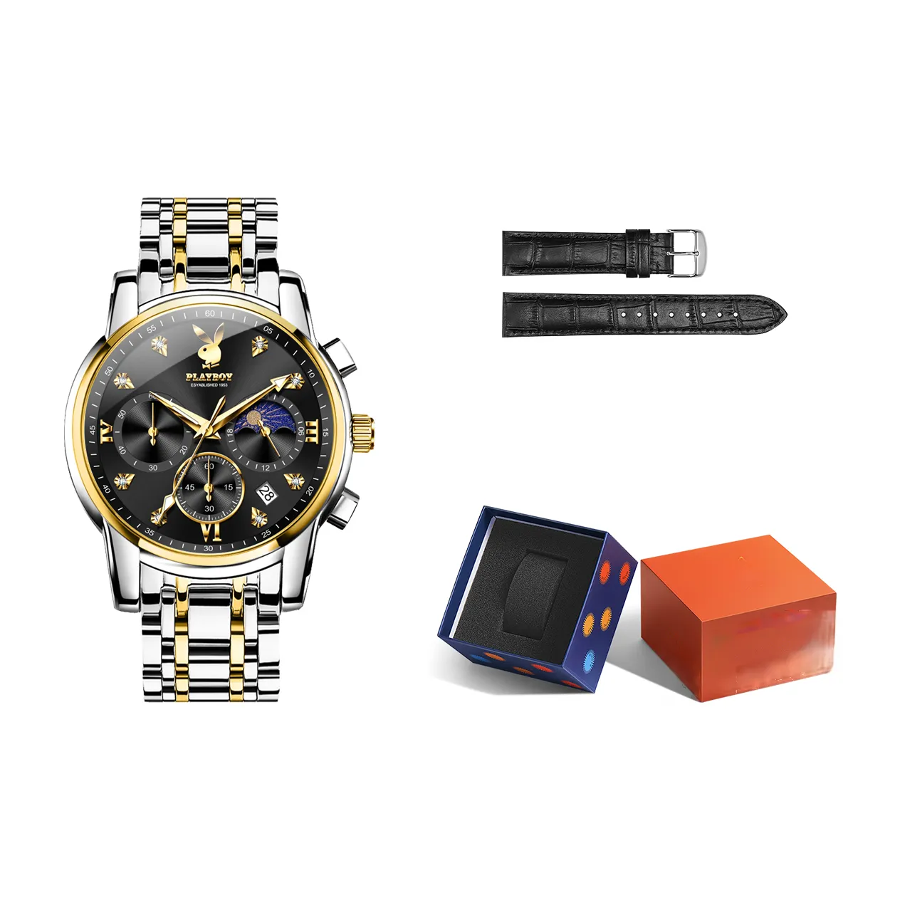 Playboy Кварцевый механизм ремешок из нержавеющей стали мужские часы многоцветный циферблат