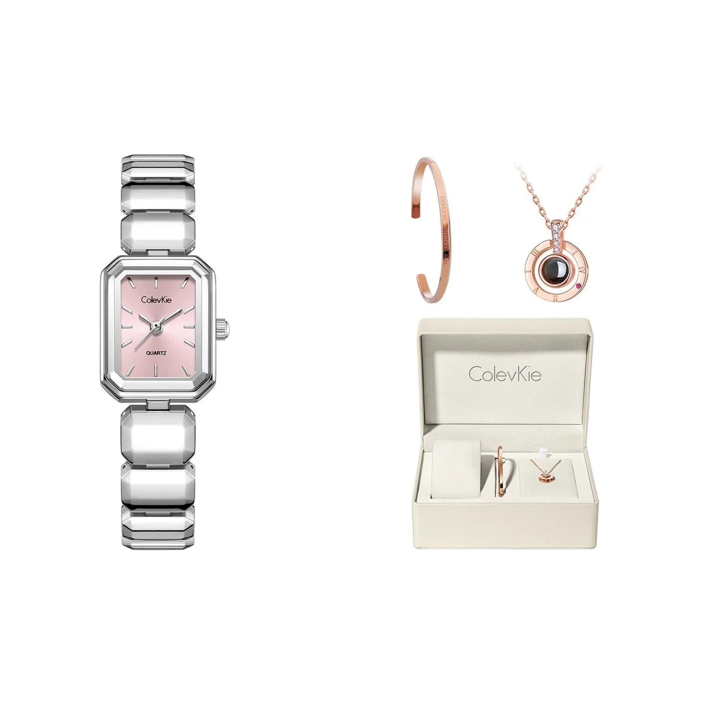 ColevKie Luxury Square Watch Collection Кварцевый механизм Стальной ремешок Часы Женские Розовый циферблат часов