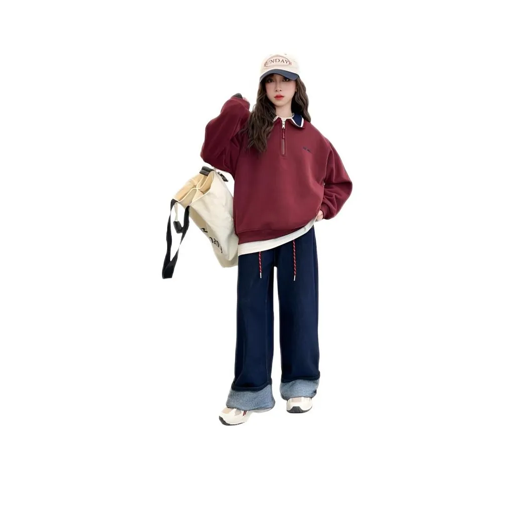 LONGZHIWU Ангора Красный С флисовой подкладкой Худи и Свитшоты + С флисовой подкладкой Джинсы Детская Повседневная Спортивная Одежда