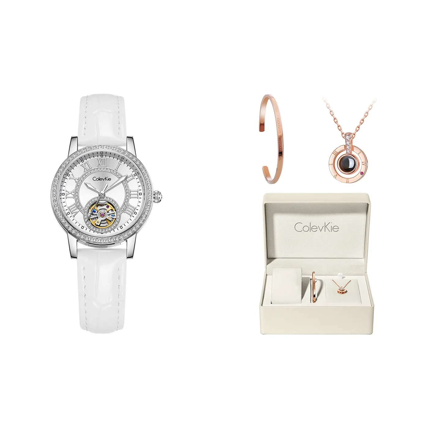 ColevKie Автоматический Механический Механизм Коровья Кожа Ремешок Женские Часы Белый Циферблат