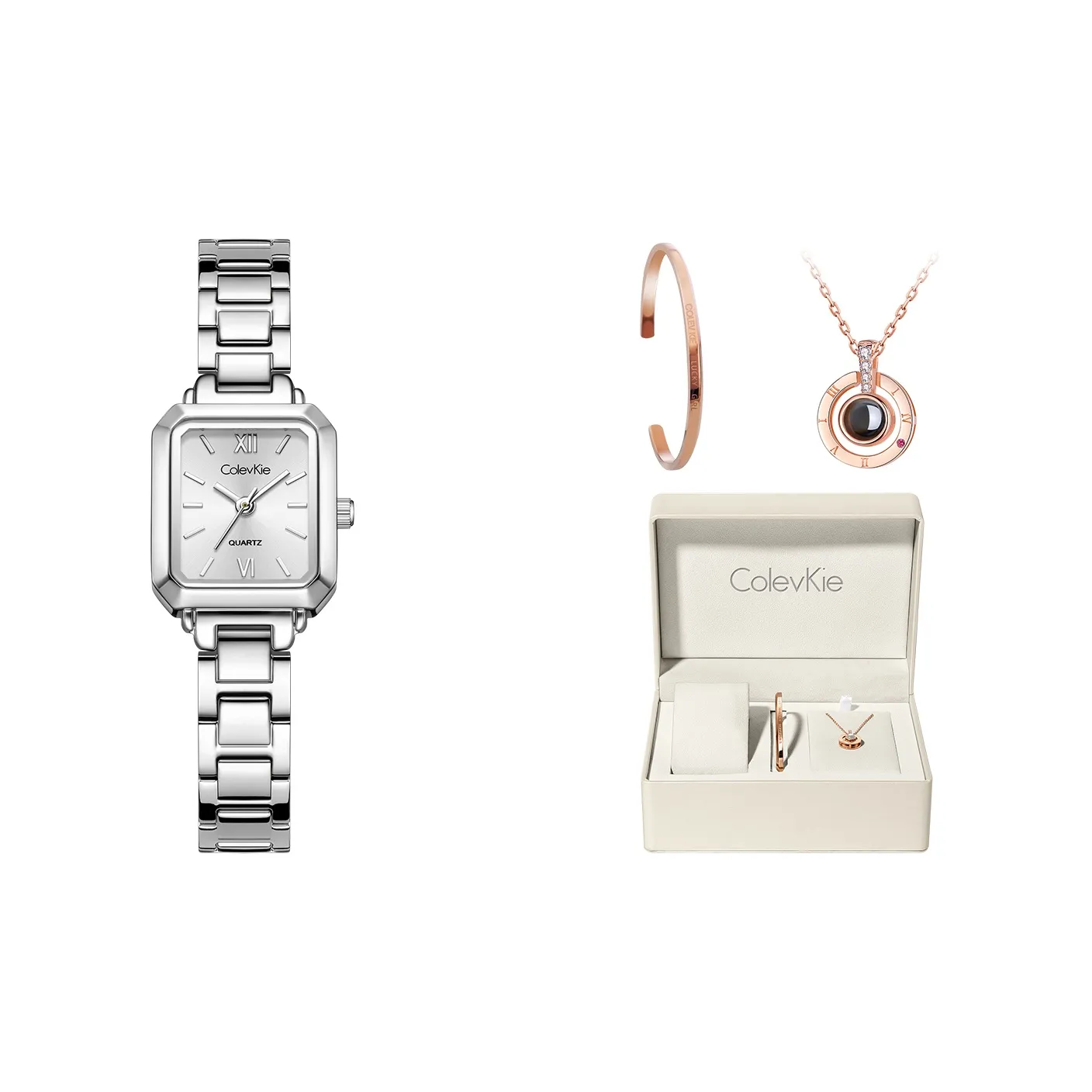 Коллекция ColevKie Small Square Watch Кварцевый механизм Стальной ремешок Часы Женские Белый циферблат