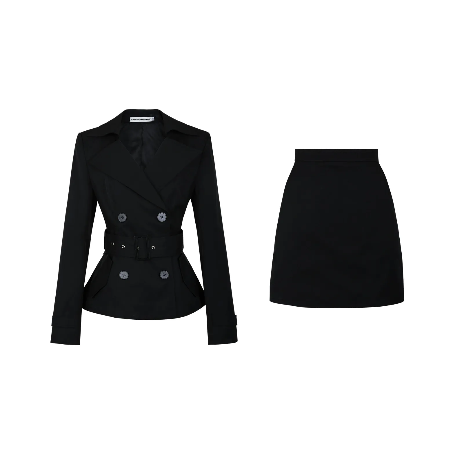 Черный укороченный тренч + черная короткая юбка с поясом женский комплект с юбкой