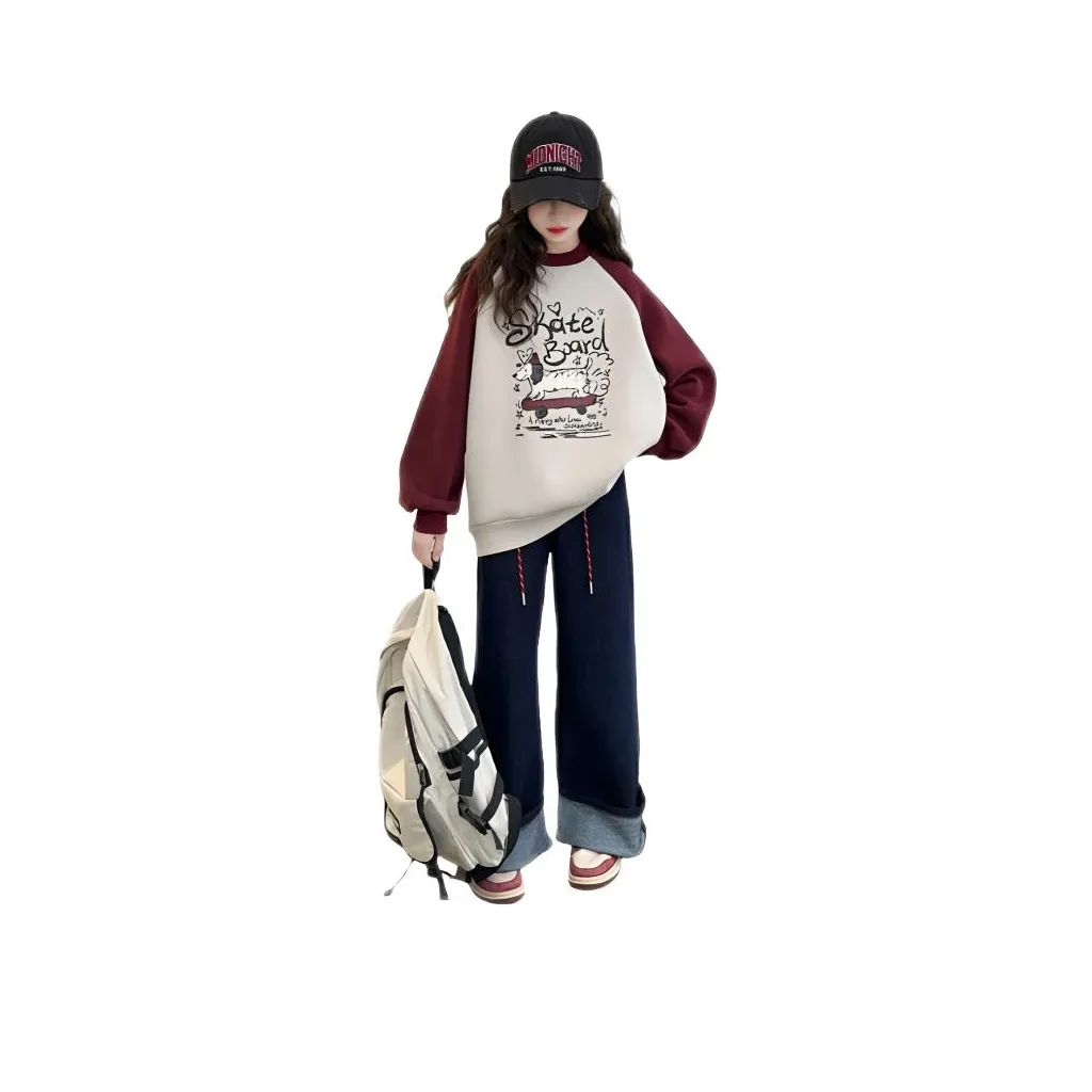 LONGZHIWU Многоцветный с флисовой подкладкой худи и свитшоты + однотонные джинсы для детей повседневная спортивная одежда